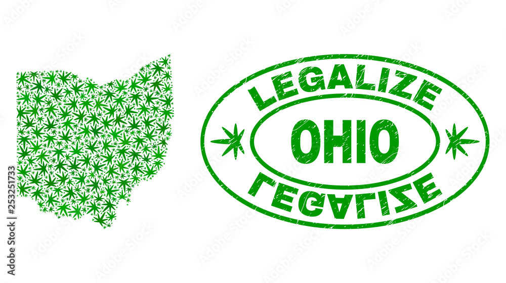 Vector marijuana Ohio State map collage and grunge textured Legalize stamp seal. Concept with green weed leaves. Concept for cannabis legalize campaign. Vector marijuana Ohio State map collage and grunge textured Legalize stamp seal. Concept with green weed leaves. Concept for cannabis legalize campaign.