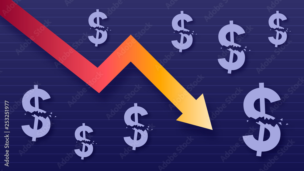 Graph show value loss of dollar, modern trendy colors, gradient arrow and purple usd symbols Graph show value loss of dollar, modern trendy colors, gradient arrow and purple usd symbols