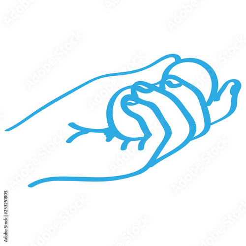 Handgezeichnete Hand hält  Kugeln in blau