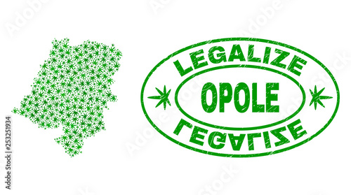 Vector cannabis Opole Voivodeship map mosaic and grunge textured Legalize stamp seal. Concept with green weed leaves. Template for cannabis legalize campaign.