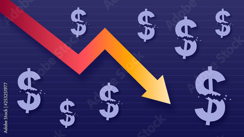 Graph show value loss of dollar, modern trendy colors, gradient arrow and purple usd symbols