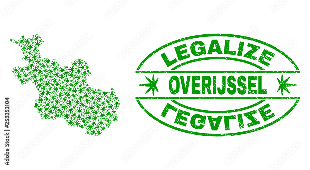 Vector marijuana Overijssel Province map mosaic and grunge textured Legalize stamp seal. Concept with green weed leaves. Concept for cannabis legalize campaign.