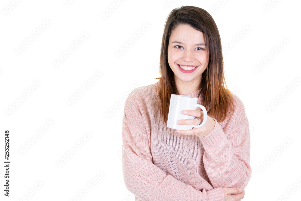 beautiful smiling woman with mug cup of tea on white background for Coffee advertisement and copy space beautiful smiling woman with mug cup of tea on white background for Coffee advertisement and copy space