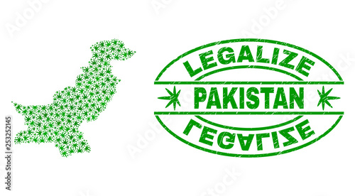 Vector cannabis Pakistan map mosaic and grunge textured Legalize stamp seal. Concept with green weed leaves. Concept for cannabis legalize campaign. Vector Pakistan map is formed with weed leaves.