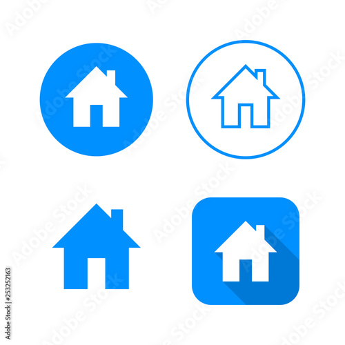Home icon, four variants, classic symbol, icon in circle, outlined symbol in circle, and flat icon with long shadow