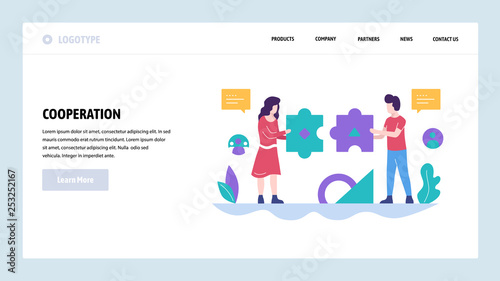 Vector web site design template. Teamwork, partnership and people cooperation. Connecting puzzle. Landing page concepts for website and mobile development. Modern flat illustration.