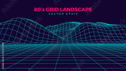 Wireframe landscape, retro 80s design element, neon colors,