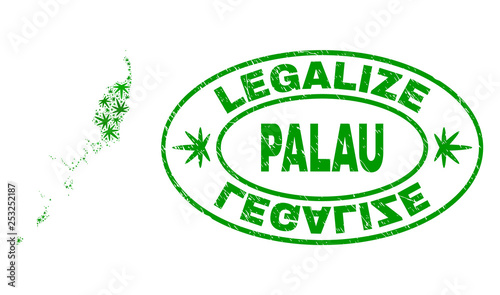 Vector cannabis Palau map mosaic and grunge textured Legalize stamp seal. Concept with green weed leaves. Concept for cannabis legalize campaign. Vector Palau map is constructed from weed leaves.