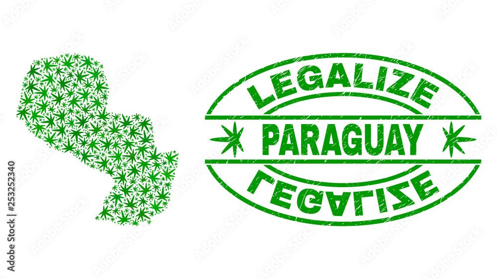 Vector marijuana Paraguay map collage and grunge textured Legalize stamp seal. Concept with green weed leaves. Concept for cannabis legalize campaign.
