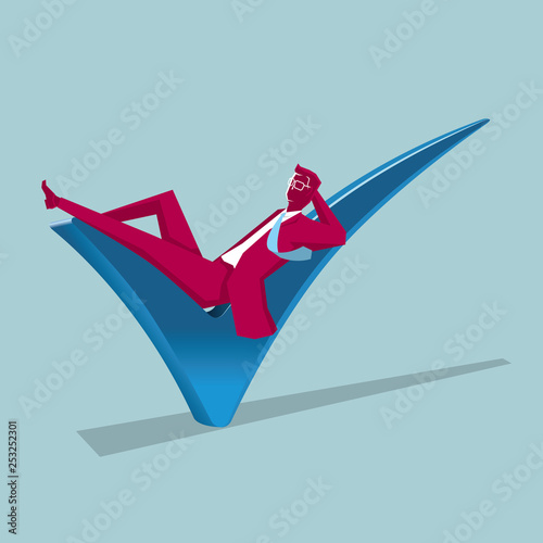 Businessman lie down on the right symbol. Isolated on blue background.