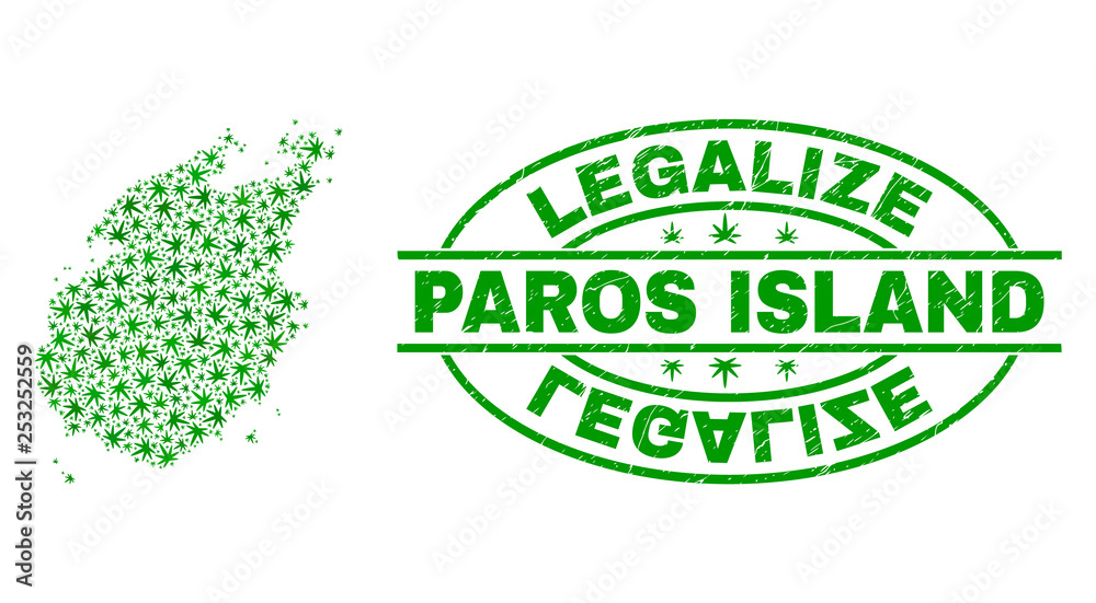 Vector cannabis Paros Island map mosaic and grunge textured Legalize stamp seal. Concept with green weed leaves. Concept for cannabis legalize campaign.
