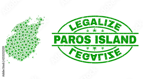 Vector cannabis Paros Island map mosaic and grunge textured Legalize stamp seal. Concept with green weed leaves. Concept for cannabis legalize campaign.