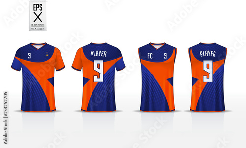 T-shirt sport template design for soccer jersey, football kit and tank top for basketball jersey. Sport uniform in front and back view. Sport shirt mock up for sport club. Vector Illustration.