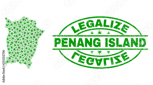 Vector cannabis Penang Island map mosaic and grunge textured Legalize stamp seal. Concept with green weed leaves. Concept for cannabis legalize campaign.