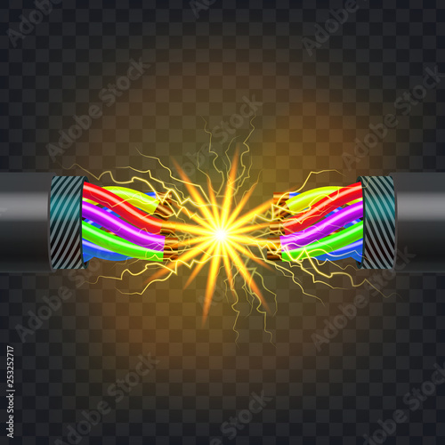 Electric Break Cable Vector. Electrical Circuit. Industrial Network Power. Glowing Lightning. 3D Realistic Isolated Illustration