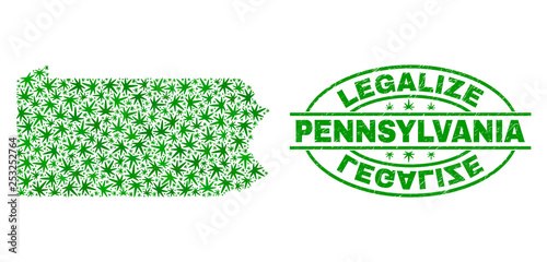 Vector cannabis Pennsylvania State map collage and grunge textured Legalize stamp seal. Concept with green weed leaves. Concept for cannabis legalize campaign.