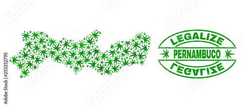 Vector cannabis Pernambuco State map collage and grunge textured Legalize stamp seal. Concept with green weed leaves. Concept for cannabis legalize campaign.