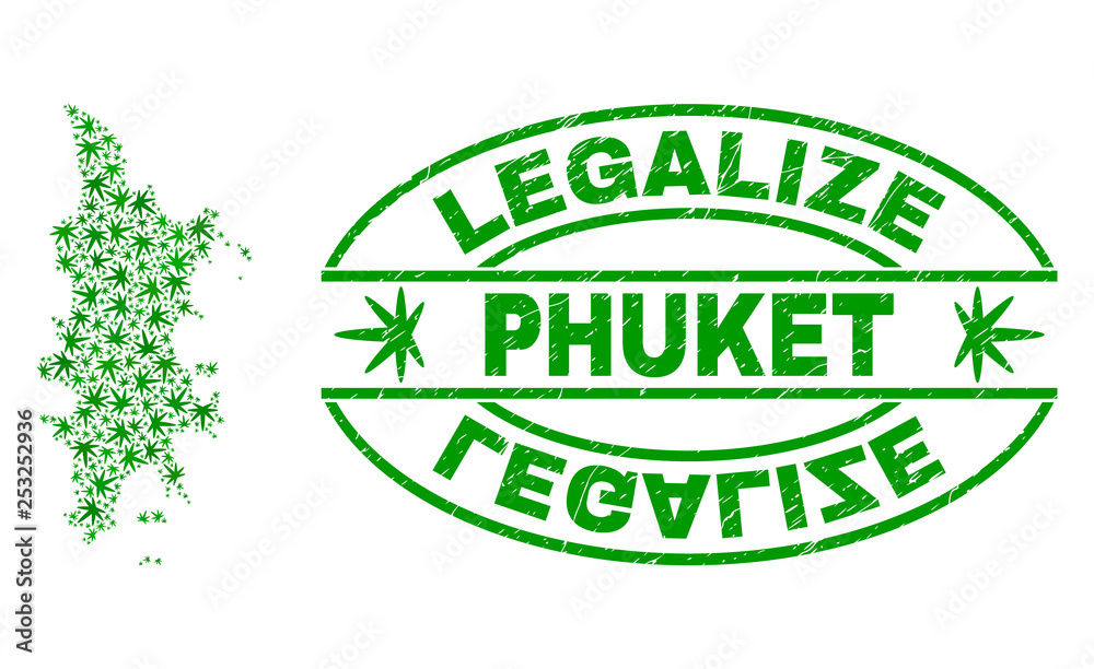 Vector cannabis Phuket map mosaic and grunge textured Legalize stamp seal. Concept with green weed leaves. Template for cannabis legalize campaign. Vector Phuket map is created with cannabis leaves. Vector cannabis Phuket map mosaic and grunge textured Legalize stamp seal. Concept with green weed leaves. Template for cannabis legalize campaign. Vector Phuket map is created with cannabis leaves.