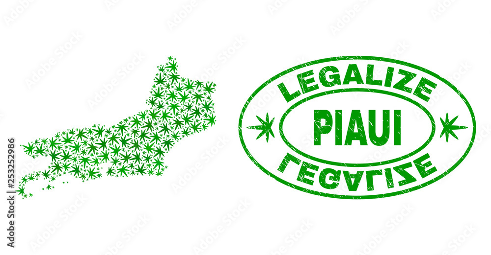 Vector cannabis Piaui State map mosaic and grunge textured Legalize stamp seal. Concept with green weed leaves. Concept for cannabis legalize campaign.