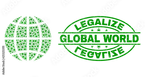 Vector cannabis planet globe collage and grunge textured Legalize stamp seal. Concept with green weed leaves. Concept for cannabis legalize campaign. Vector planet globe is created with ganja leaves.