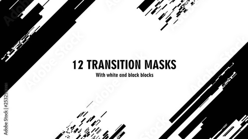12 futuristic transition masks. Abstract motion graphics and animated background with white and black block figures. Transition monochrome masks templates 4K photo