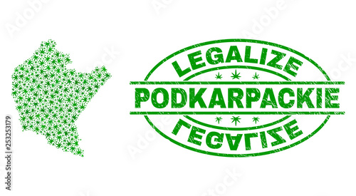 Vector cannabis Podkarpackie Voivodeship map mosaic and grunge textured Legalize stamp seal. Concept with green weed leaves. Concept for cannabis legalize campaign.