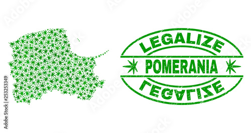 Vector cannabis Pomeranian Voivodeship map mosaic and grunge textured Legalize stamp seal. Concept with green weed leaves. Concept for cannabis legalize campaign.