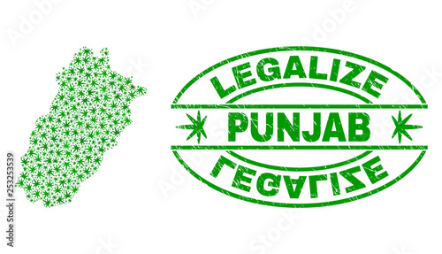 Vector cannabis Punjab Province map collage and grunge textured Legalize stamp seal. Concept with green weed leaves. Concept for cannabis legalize campaign.