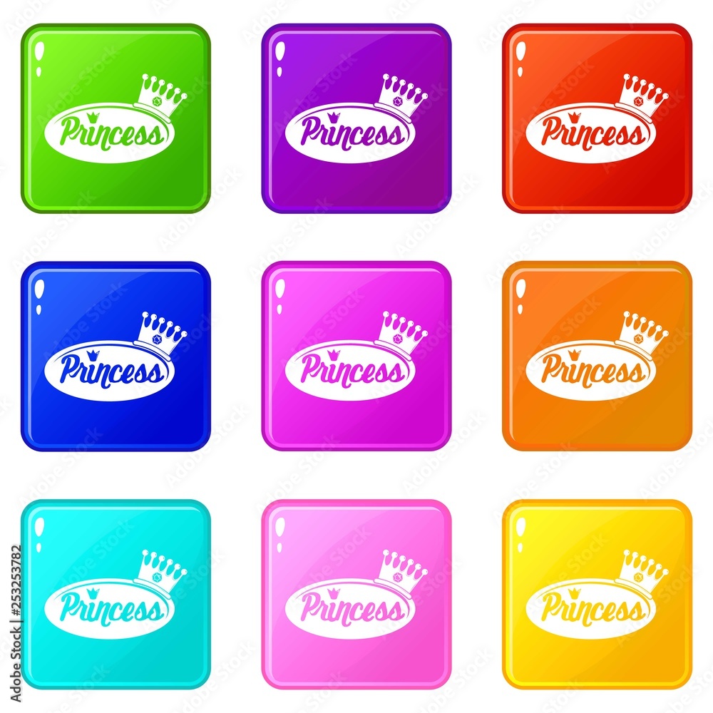 Word princess crown icons set 9 color collection isolated on white for any design