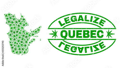 Vector cannabis Quebec Province map collage and grunge textured Legalize stamp seal. Concept with green weed leaves. Concept for cannabis legalize campaign.