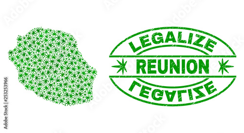 Vector cannabis Reunion Island map collage and grunge textured Legalize stamp seal. Concept with green weed leaves. Concept for cannabis legalize campaign.