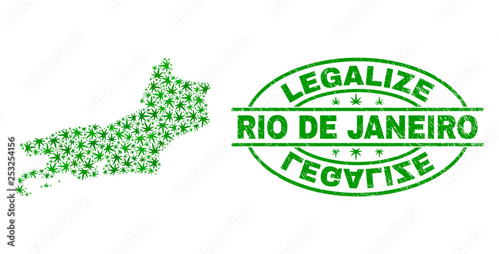 Vector cannabis Rio de Janeiro State map mosaic and grunge textured Legalize stamp seal. Concept with green weed leaves. Concept for cannabis legalize campaign.