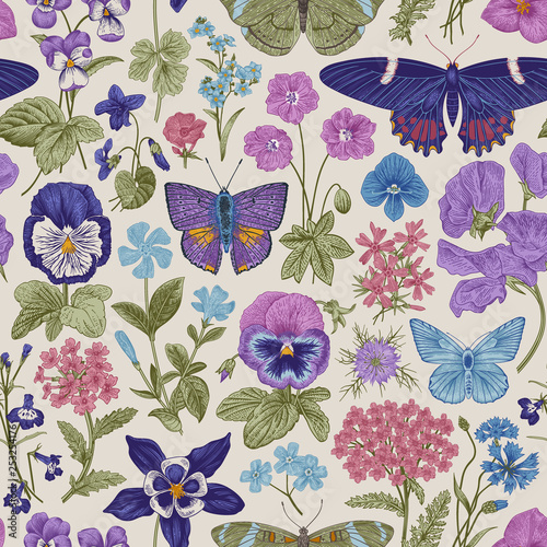 Seamless botanical vintage pattern. Vector illustration. Meadow and garden butterflies and flowers. Blue, purple, pink colors