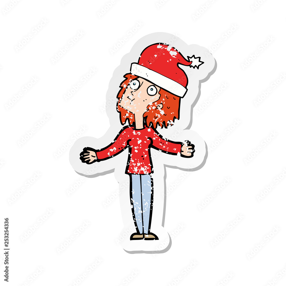 retro distressed sticker of a cartoon woman ready for christmas retro distressed sticker of a cartoon woman ready for christmas