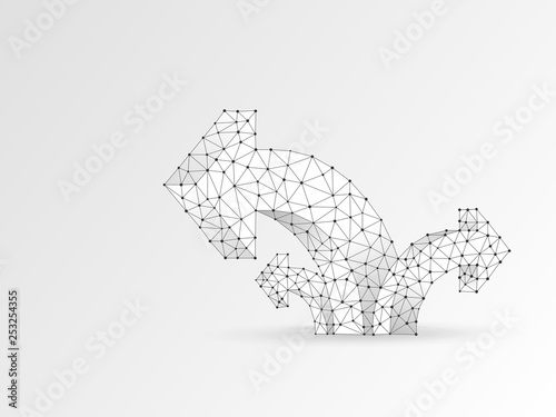 Arrow growth, success, team work sign. Three way direction wireframe digital 3d illustration. Low poly colaboration concept with lines, dots on blue background. Abstract Vector origami polygonal sign