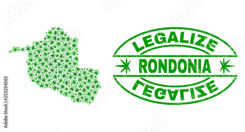Vector cannabis Rondonia State map mosaic and grunge textured Legalize stamp seal. Concept with green weed leaves. Concept for cannabis legalize campaign.