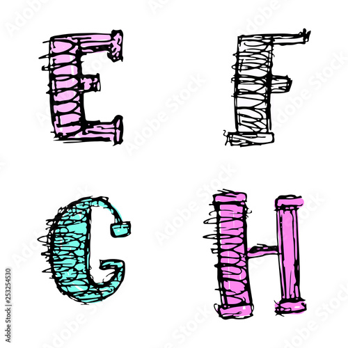 set of letters and numbers, vector image, doodle style, hand drawn