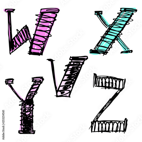 set of letters and numbers, vector image, doodle style, hand drawn