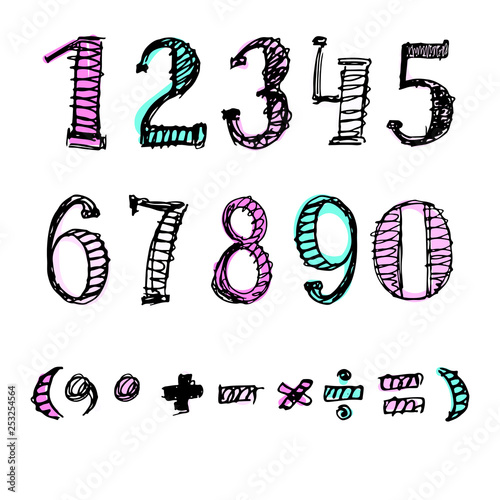 set of letters and numbers, vector image, doodle style, hand drawn