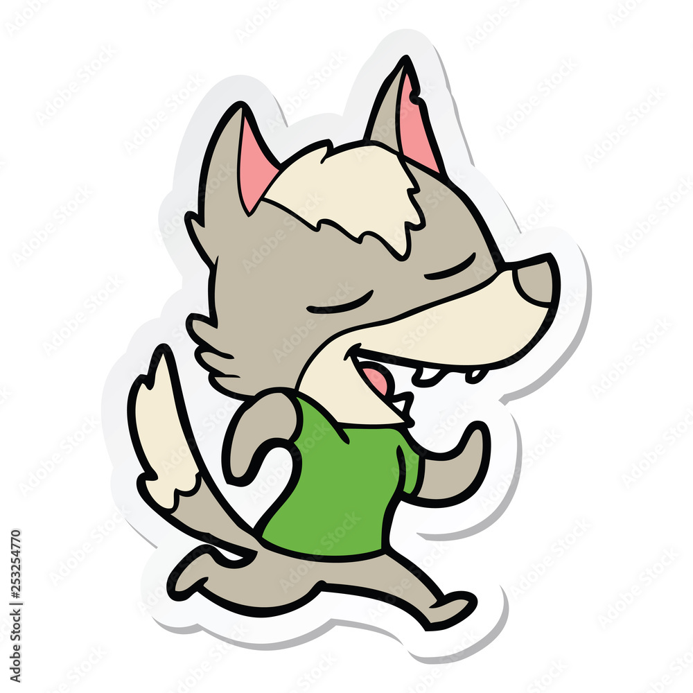 sticker of a cartoon running wolf laughing