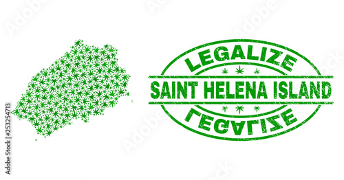 Vector cannabis Saint Helena Island map mosaic and grunge textured Legalize stamp seal. Concept with green weed leaves. Concept for cannabis legalize campaign.