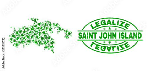 Vector cannabis Saint John Island map mosaic and grunge textured Legalize stamp seal. Concept with green weed leaves. Concept for cannabis legalize campaign.