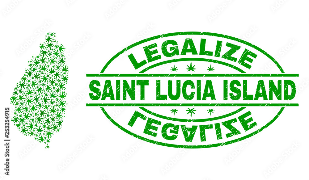Vector cannabis Saint Lucia Island map collage and grunge textured Legalize stamp seal. Concept with green weed leaves. Concept for cannabis legalize campaign.
