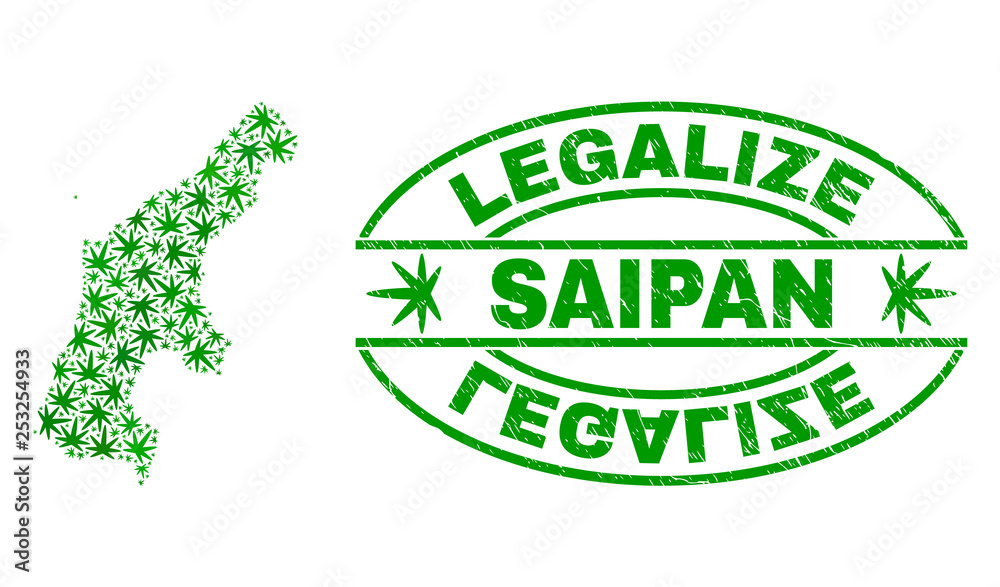 Vector marijuana Saipan Island map collage and grunge textured Legalize stamp seal. Concept with green weed leaves. Concept for cannabis legalize campaign.