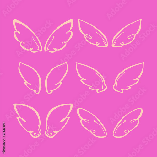 set of wings. hand-drawn vector illustration on pink background