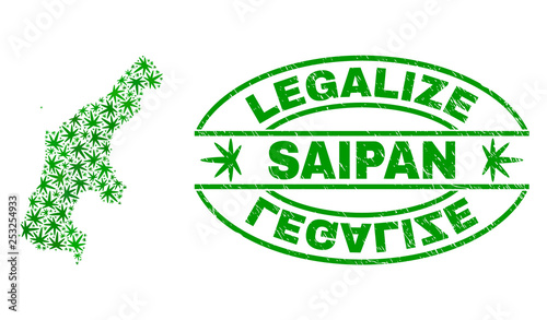 Vector marijuana Saipan Island map collage and grunge textured Legalize stamp seal. Concept with green weed leaves. Concept for cannabis legalize campaign.