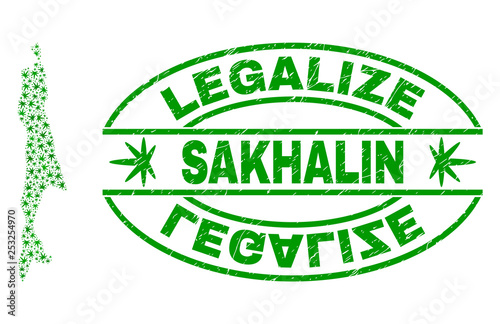 Vector cannabis Sakhalin Island map collage and grunge textured Legalize stamp seal. Concept with green weed leaves. Template for cannabis legalize campaign.