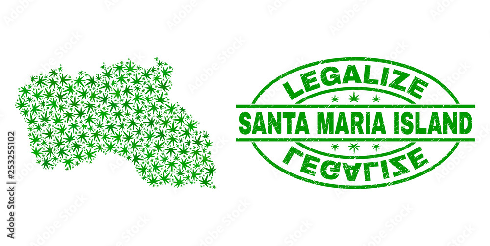 Vector cannabis Santa Maria Island map collage and grunge textured Legalize stamp seal. Concept with green weed leaves. Template for cannabis legalize campaign.