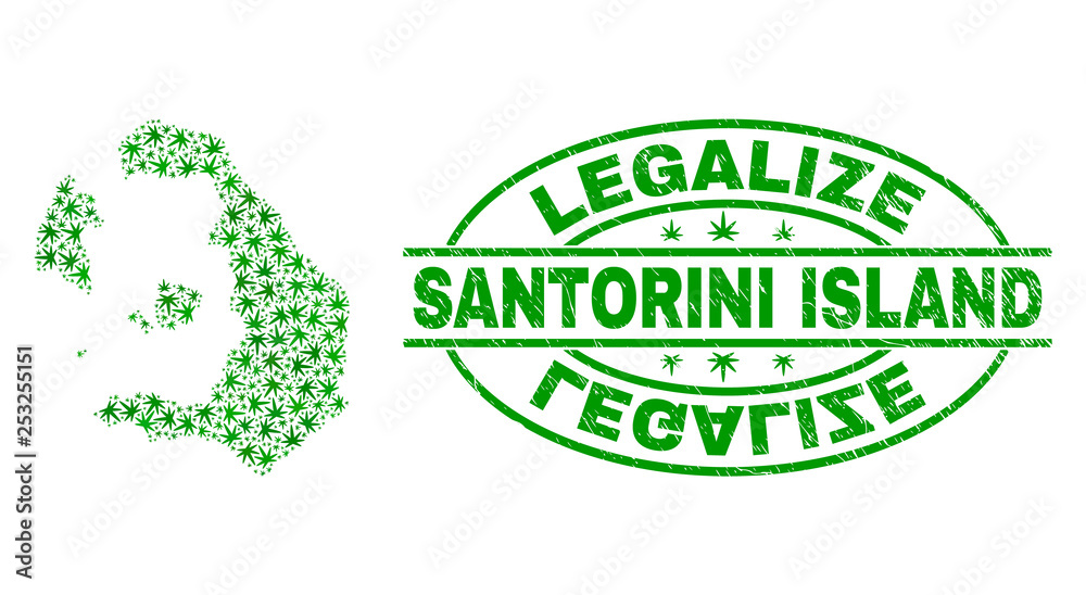 Vector cannabis Santorini Island map collage and grunge textured Legalize stamp seal. Concept with green weed leaves. Concept for cannabis legalize campaign.