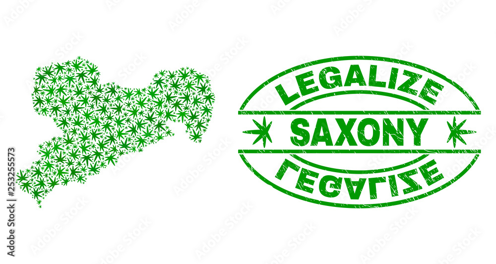 Vector cannabis Saxony Land map mosaic and grunge textured Legalize stamp seal. Concept with green weed leaves. Concept for cannabis legalize campaign.